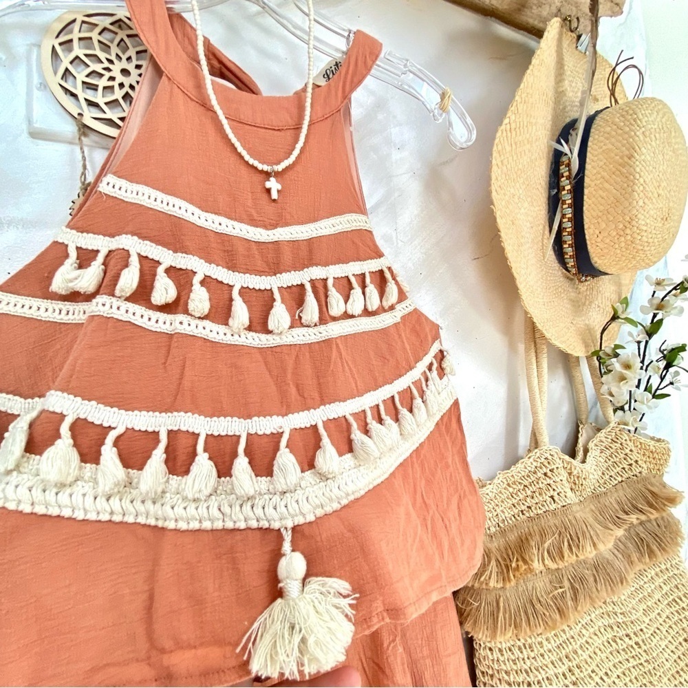 Trendy terra cotta boho romper intricate detailing shabby chic resort vibe